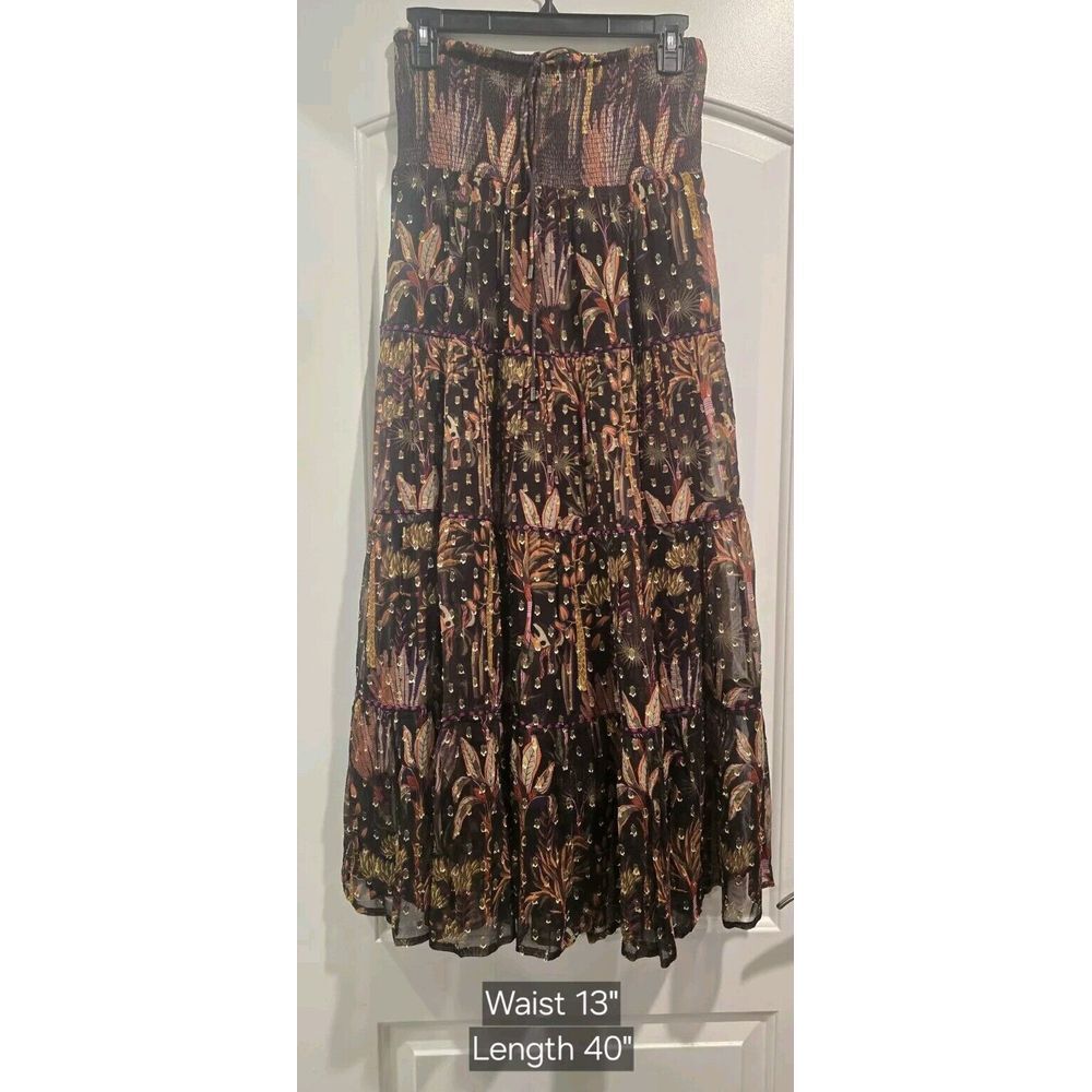 Anthropologie Bl^nk London Hudsoniya Midi Skirt Smocked Waist Gold Accents S NWT